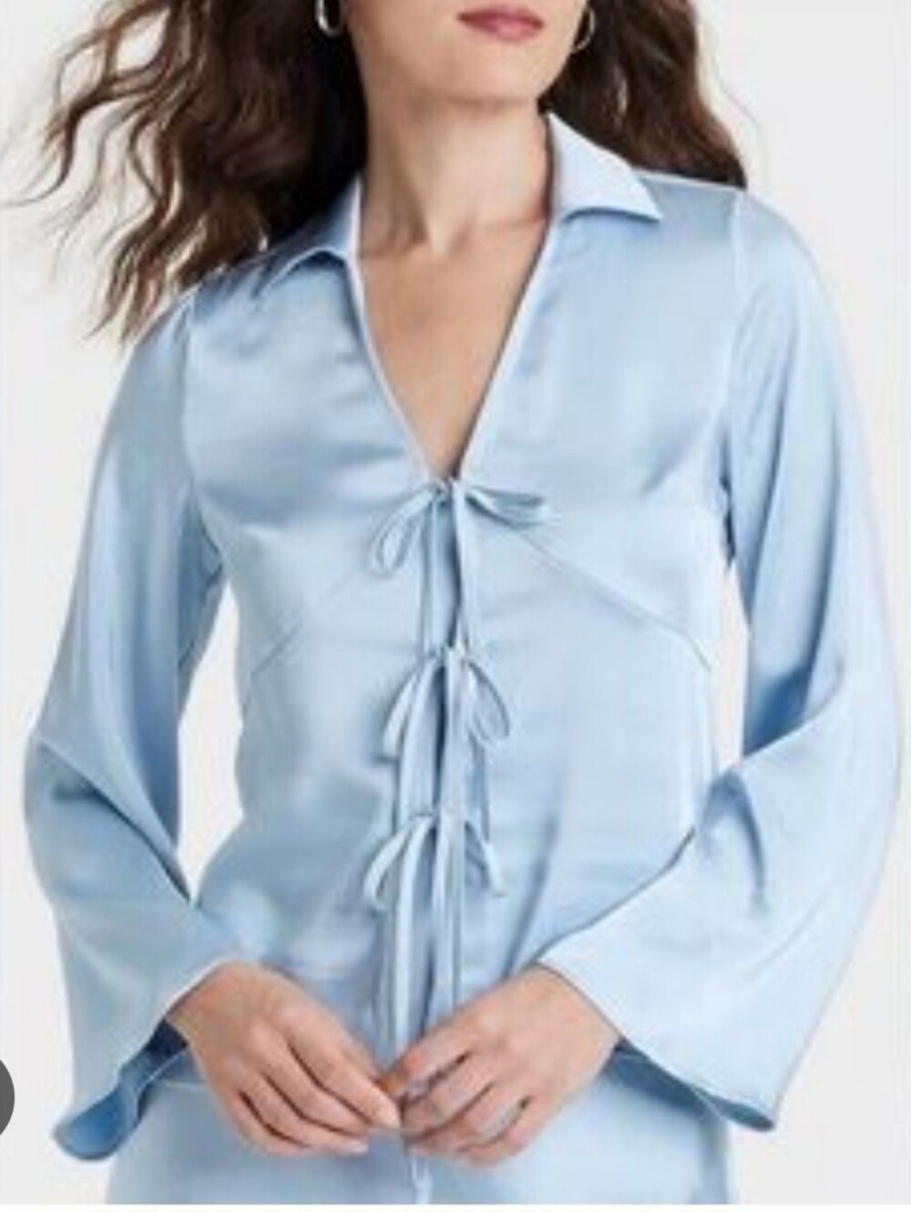 a new day Light Blue Satin Tie-Front Button Down Blouse